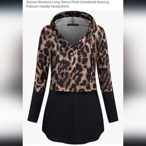 Leopard Print Hooded Breastfeeding Nursing Long Sleeve Colorblock Top L